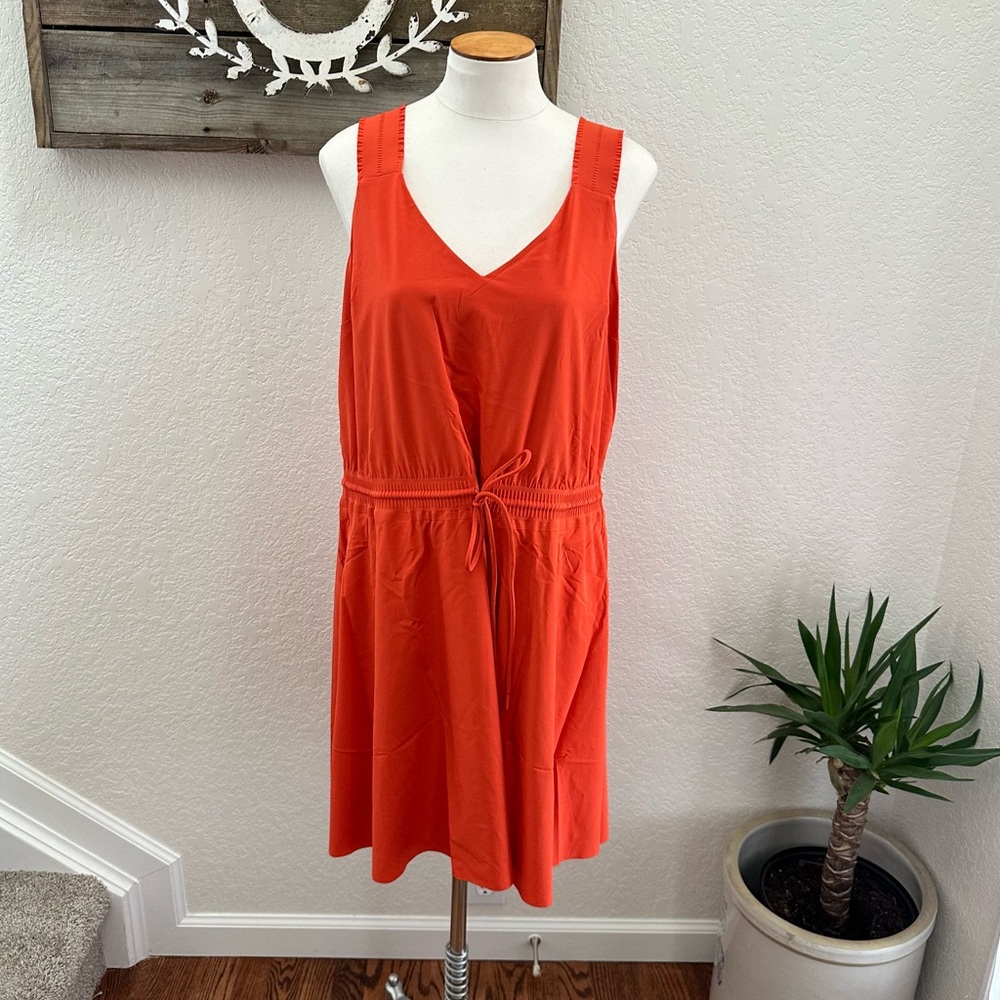 Athleta Women's Sz L Orange Savannah Strap Drawstring Waist Mini Dress NWOT